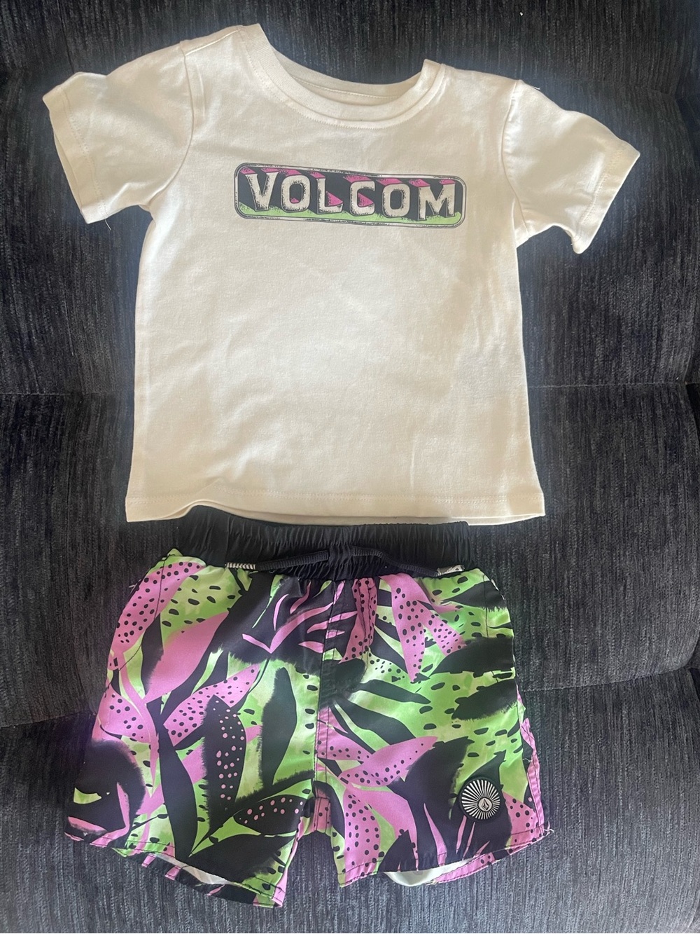 Volcom White Tee with Neon Green & Pink Tropical Shorts